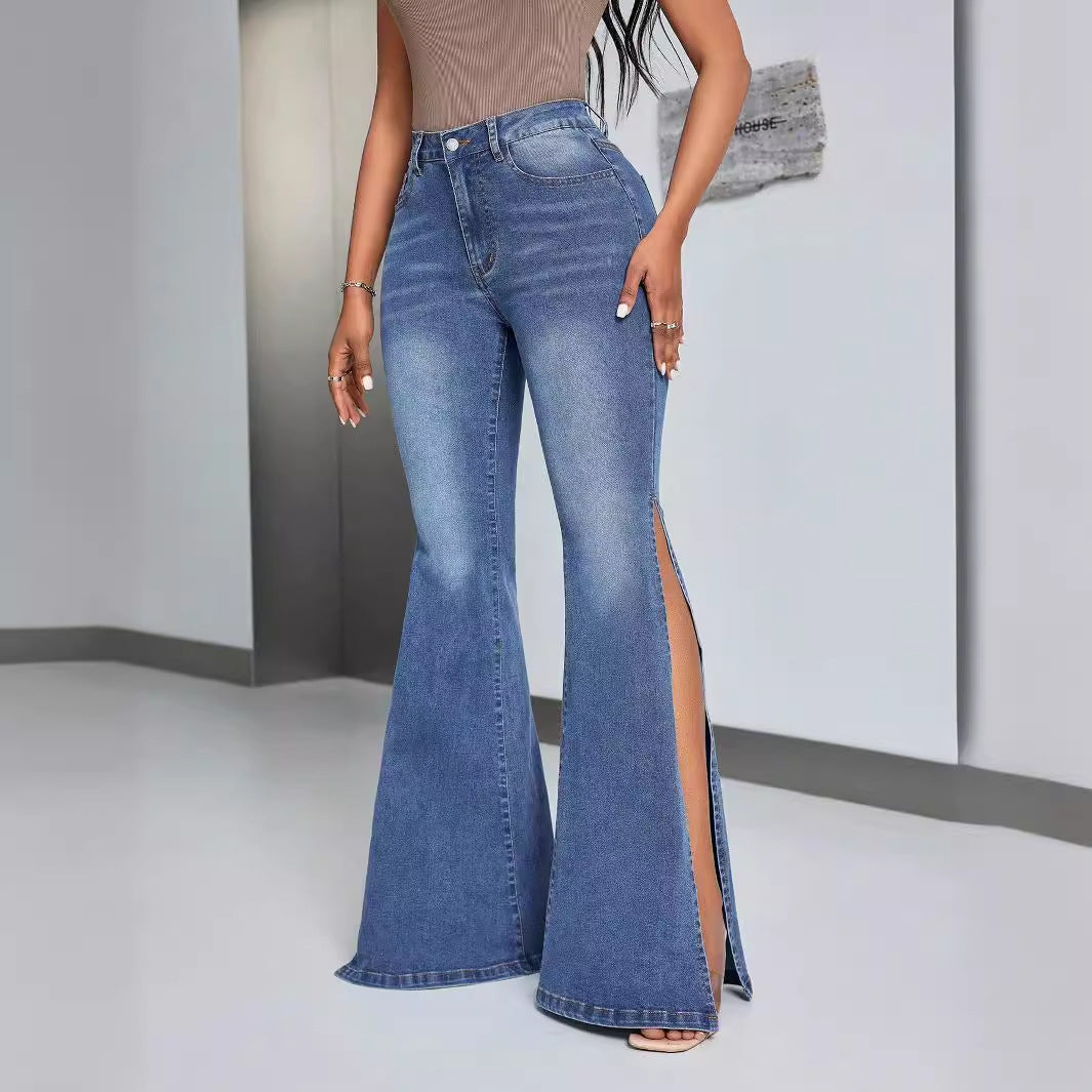 Damen High-Waist Flare Jeans mit Schlitzen Norvielle