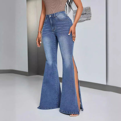 Damen High-Waist Flare Jeans mit Schlitzen Norvielle