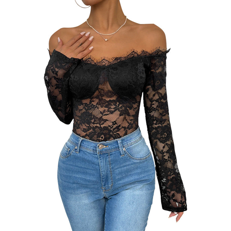 Damen Off-Shoulder-Body mit Spitze und langen Ärmeln Norvielle
