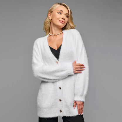 Damen Oversized Strickjacke Weiches Material Herzknöpfe Beige