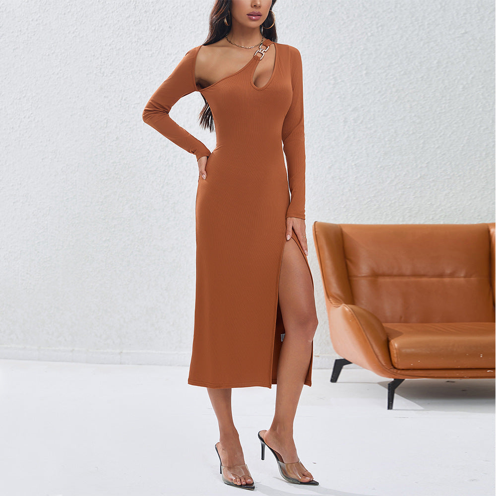 Damen Langarmkleid Figurbetont Asymmetrischer Ausschnitt