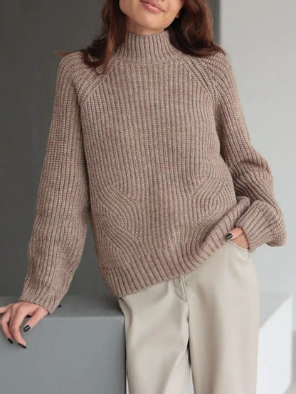 Damen Strickpullover Loose Fit Rollkragen Raglanärmel Gerippt