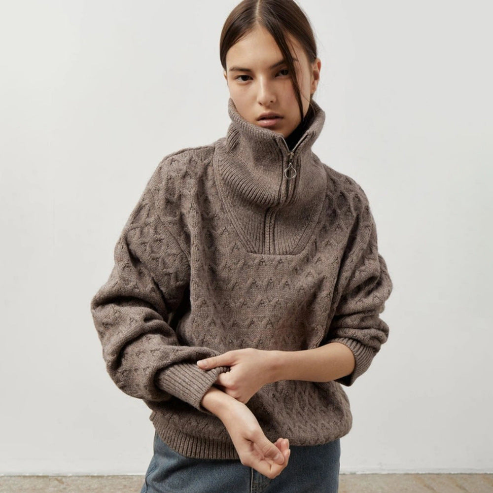 Damen Gemusterter Pullover Hochkragen Reißverschluss Norvielle