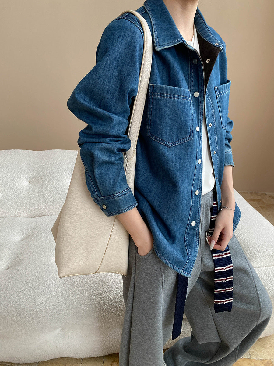 Damen Denimjacke Lässig Aufgesetzte Taschen