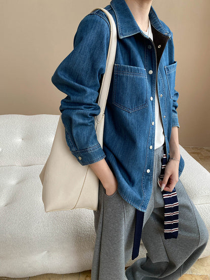 Damen Denimjacke Lässig Aufgesetzte Taschen
