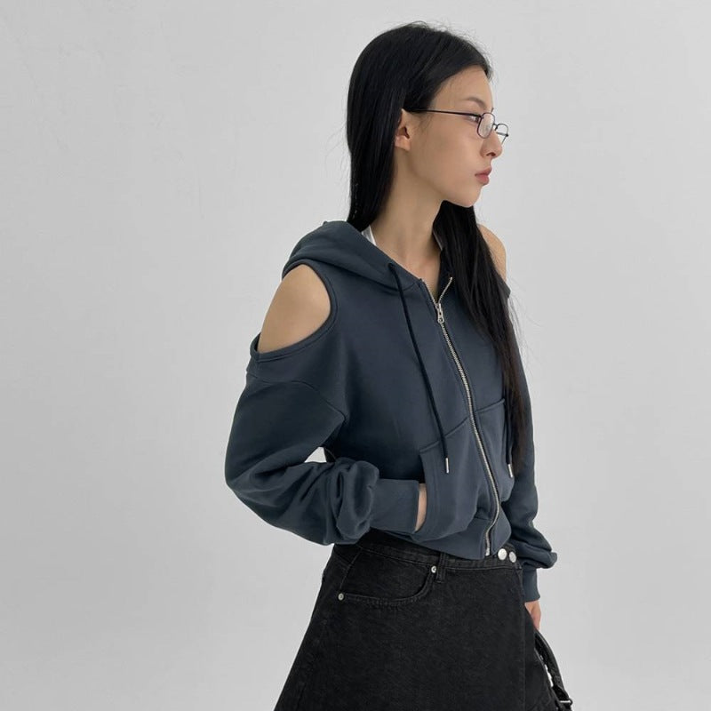 Damen Cropped Kapuzenpullover Cut-Out-Ärmel Norvielle
