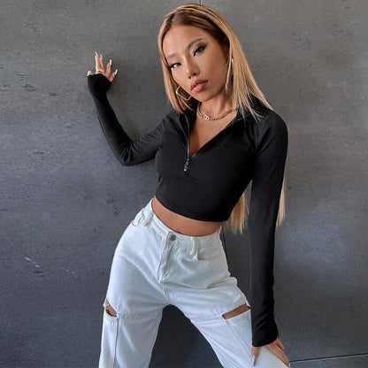 Damen Langarmshirt Cropped Modischer Reißverschluss Norvielle