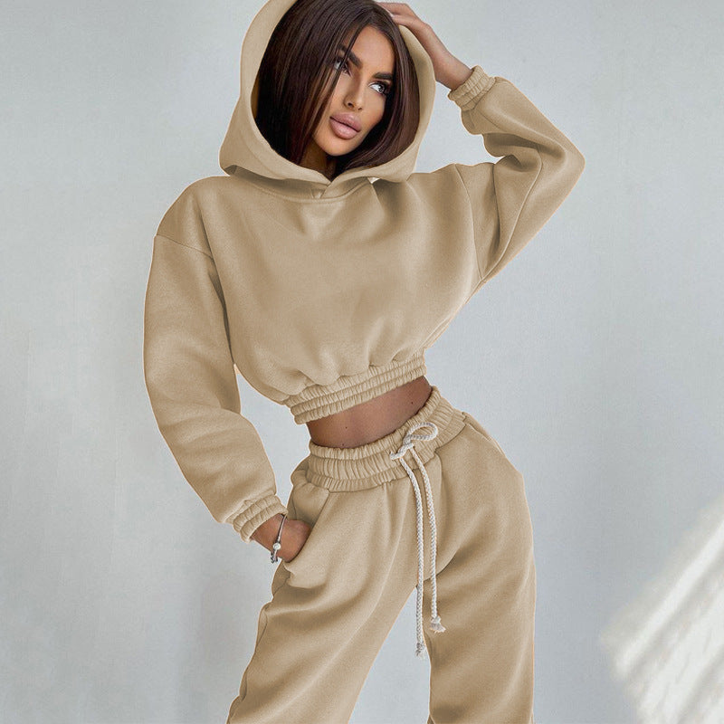 Damen Sportliches Loungewear-Set Sweatstoff Kapuze Elastisch Schwarz - Norvielle