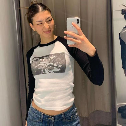 Damen Langarmshirt Kreatives Grafikdesign Baumwolle Weiß