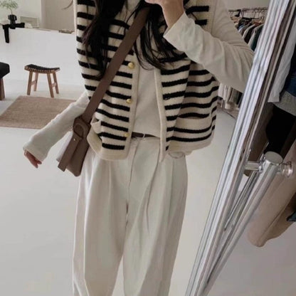 Damen Strickweste Klassische Streifen Mit Knöpfen Beige
