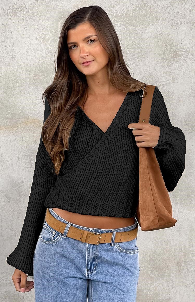 Damen Wickelpullover V-Ausschnitt Voluminöse Ärmel Norvielle