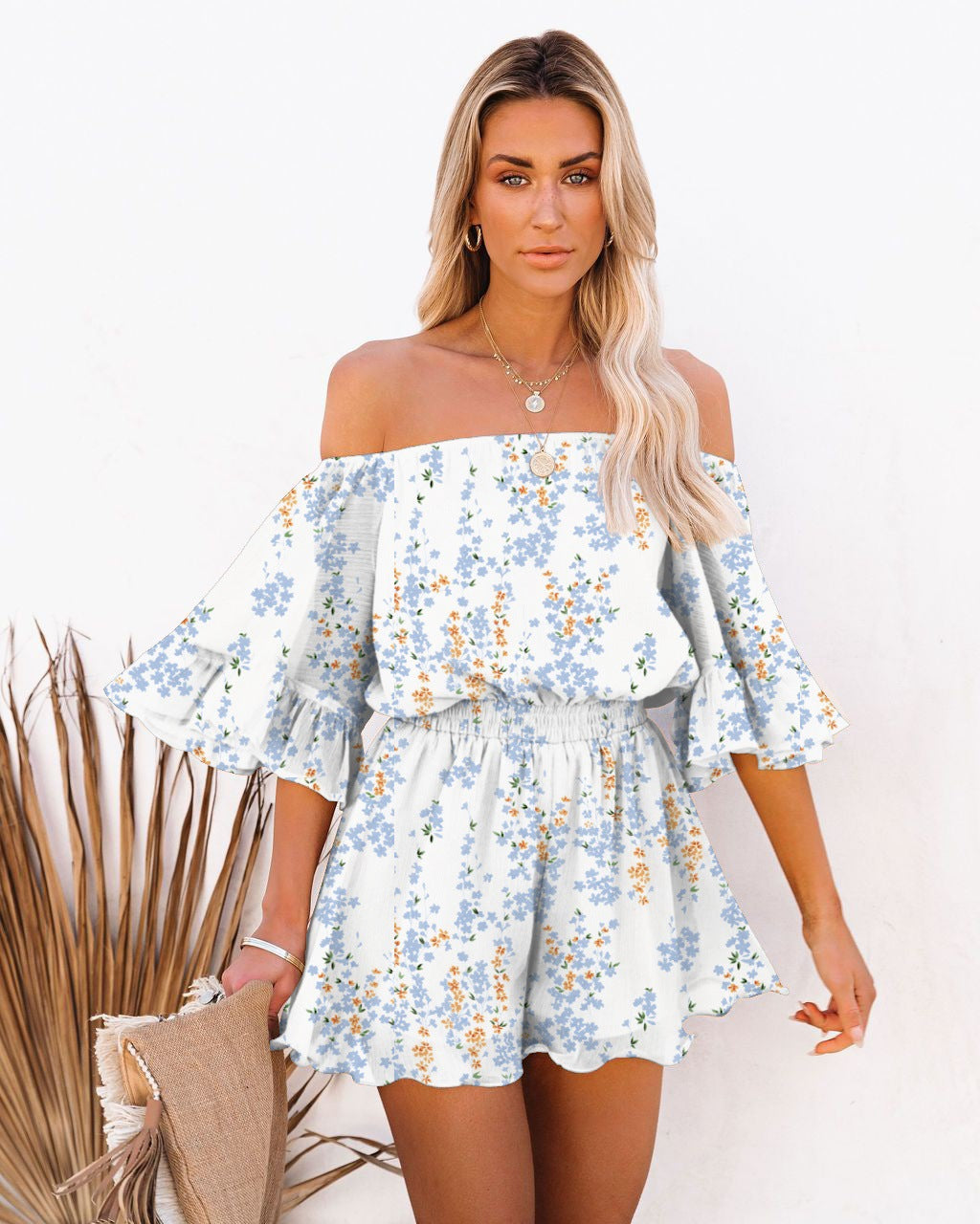 Damen Kurzoverall Off-Shoulder Voluminöse Ärmel Norvielle