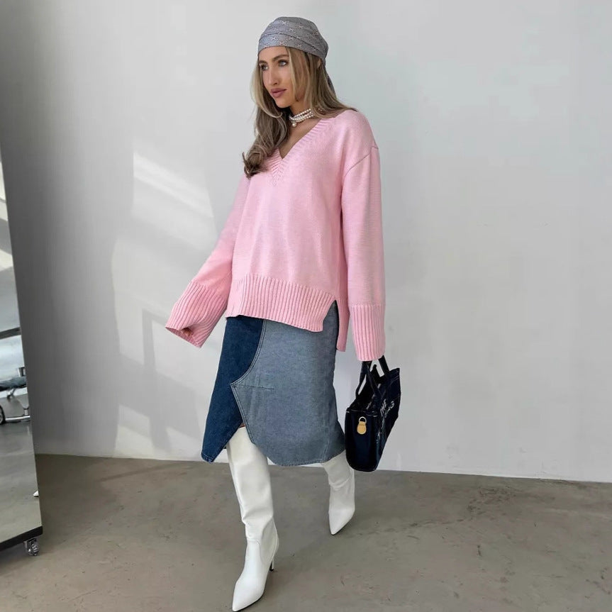 Damen Strickpullover Oversized V-Ausschnitt Beige
