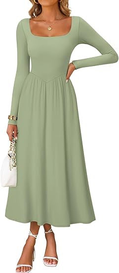 Damen Elegantes Midi-Kleid mit Quadratausschnitt und langen Ärmeln