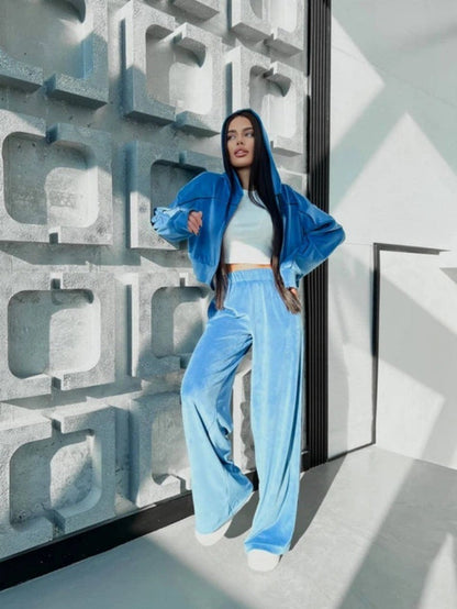 Damen Velours-Loungewear-Set Kurzer Hoodie Weite Hose