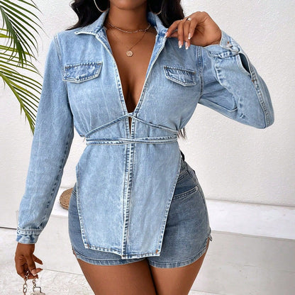 Damen Oversized Jeansjacke Verkürzter Schnitt Mit Taschen Blau - Norvielle