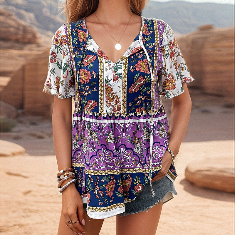 Damen Tunika Boho-Stil Floralmuster Luftige Ärmel Norvielle
