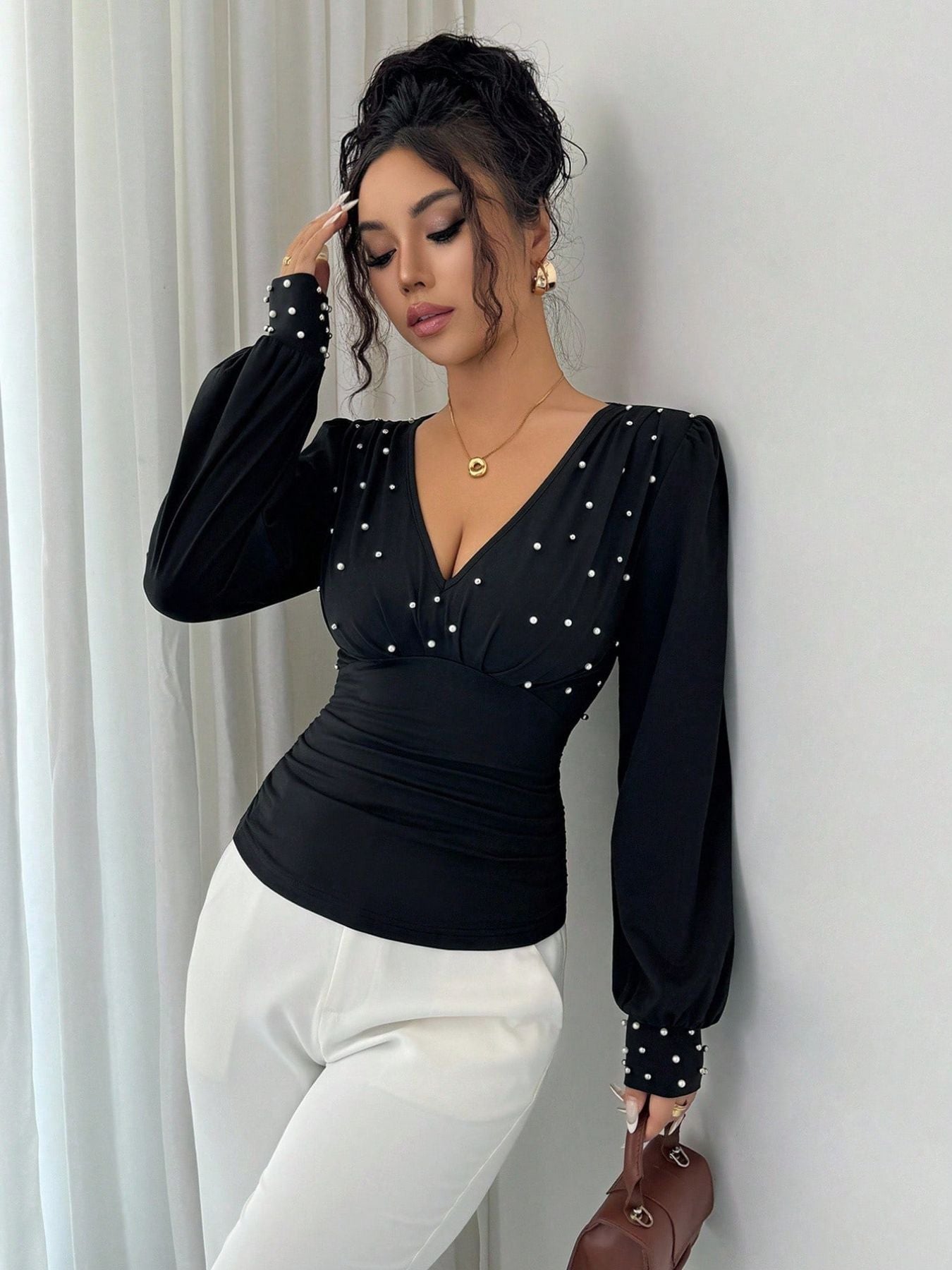 Damen Bluse V-Ausschnitt Verziert Norvielle