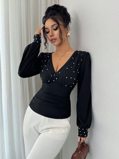 Damen Bluse V-Ausschnitt Verziert Norvielle