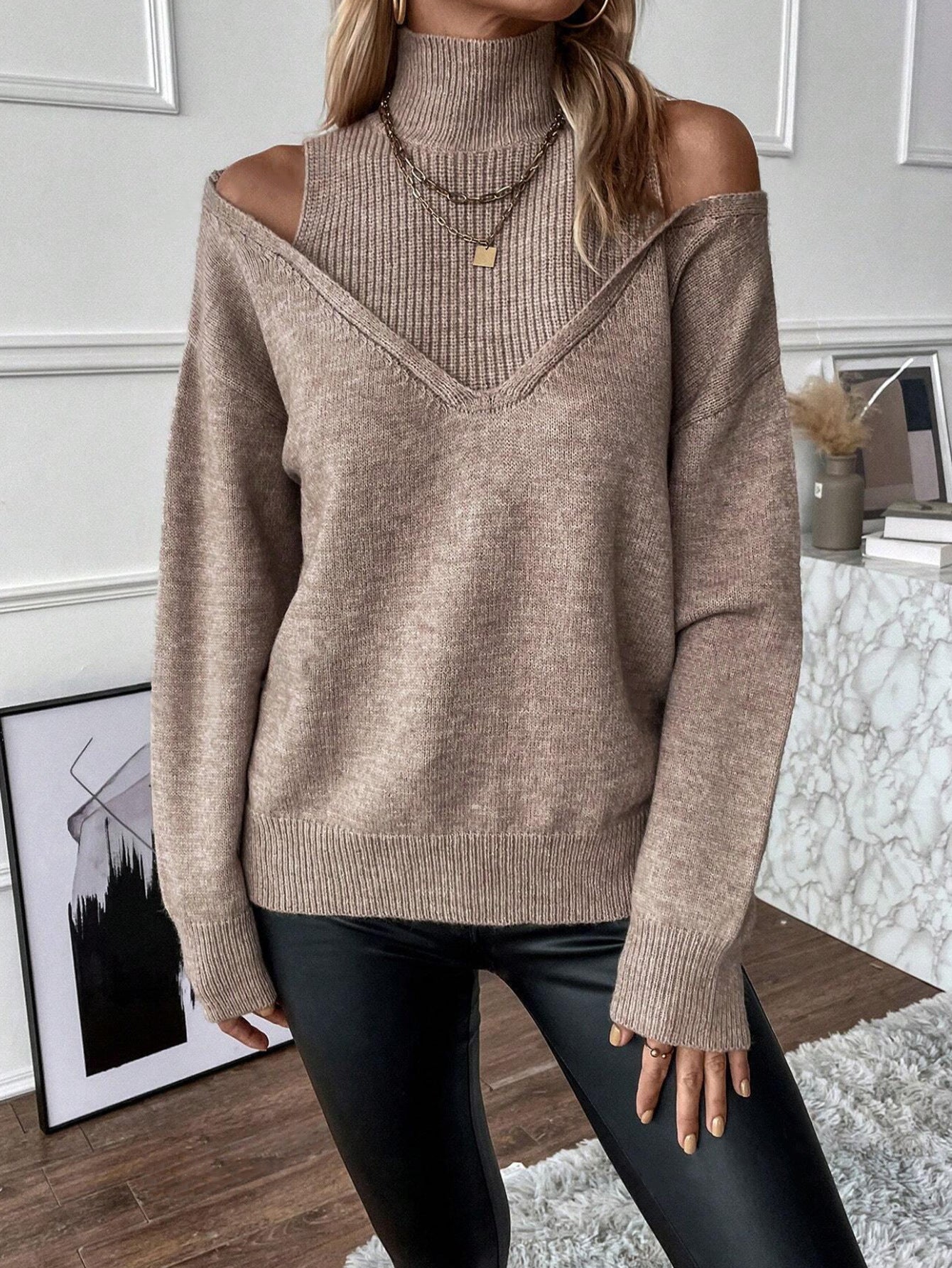 Damen Off-Shoulder Rollkragenpullover Strick