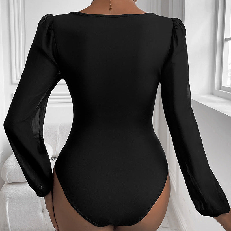 Damen Body mit Puffärmeln und V-Ausschnitt