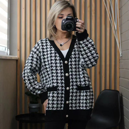 Damen Strickcardigan Hahnentrittmuster Große Knöpfe - Norvielle
