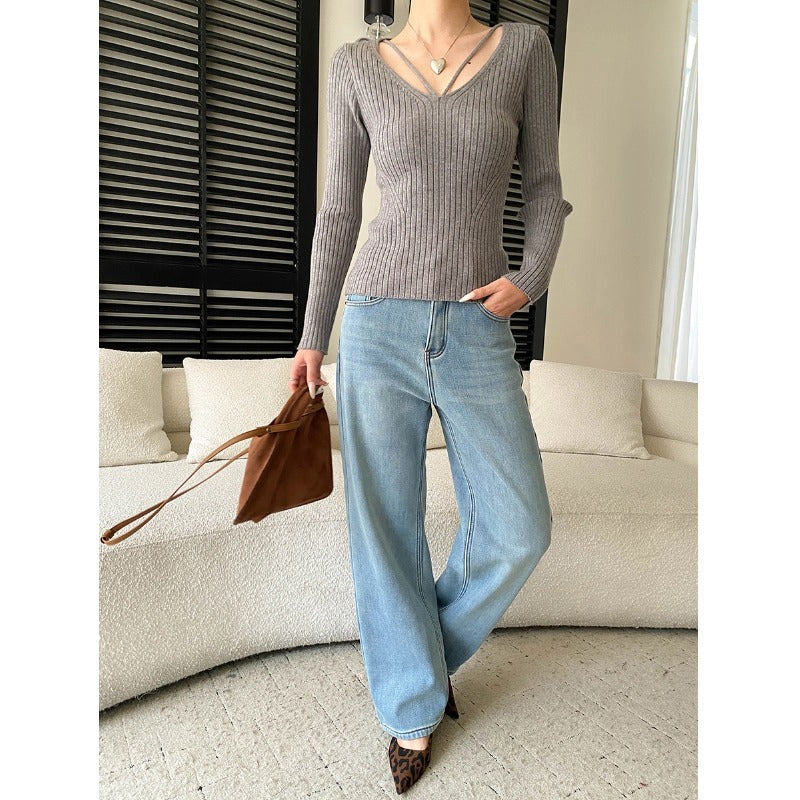 Damen Rippstrick Pullover V-Ausschnitt Langer Ärmel Norvielle