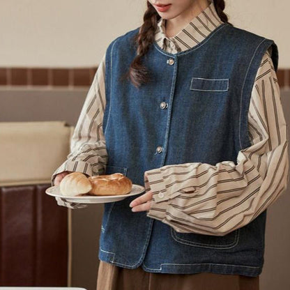 Damen Denimweste Knopfverschluss Taschen