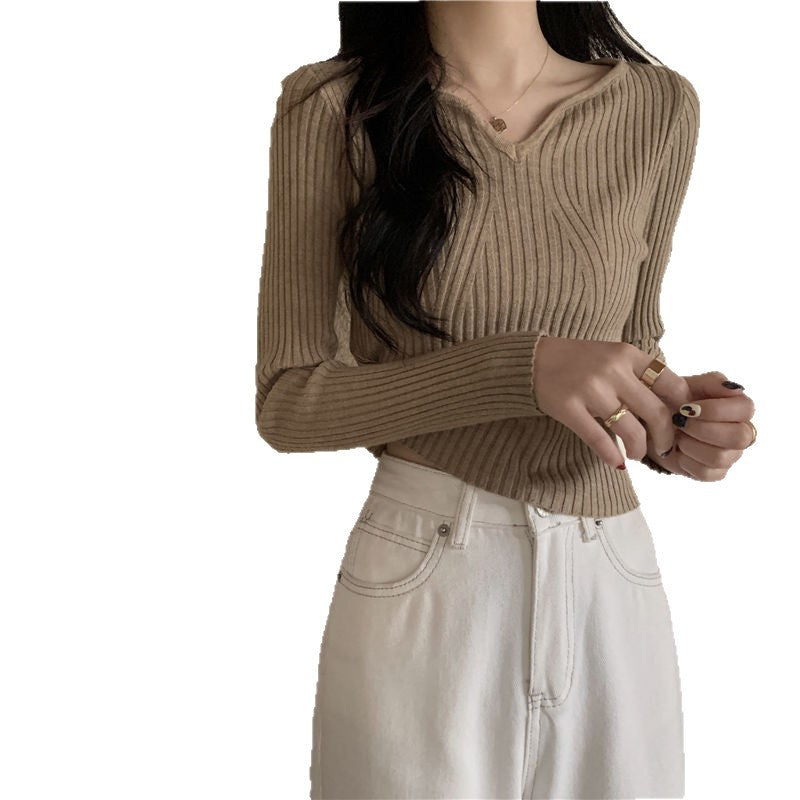 Damen V-Ausschnitt Feinstrickpullover Rippstruktur
