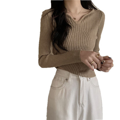 Damen V-Ausschnitt Feinstrickpullover Rippstruktur