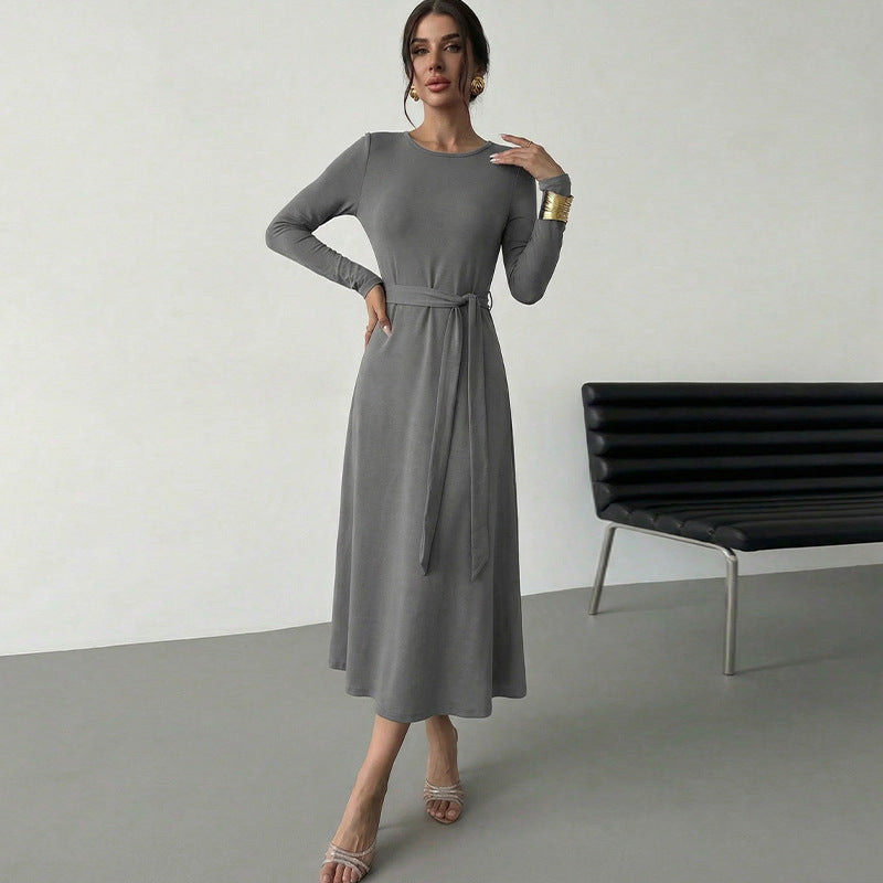 Damen Midikleid Tailliert Langer Arm Elegant Schwarz - Norvielle