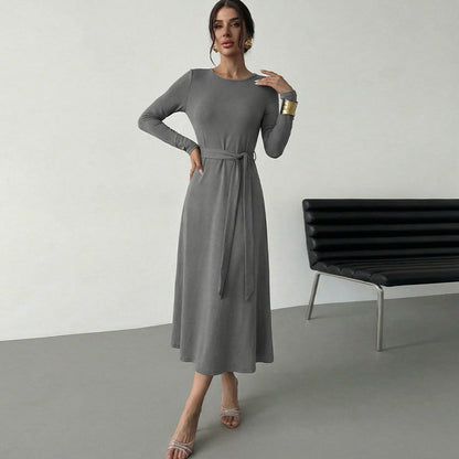 Damen Midikleid Tailliert Langer Arm Elegant Schwarz - Norvielle