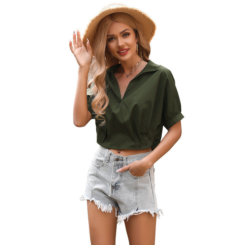 Damen Bluse Kurzarm V-Ausschnitt Lässig Modern Norvielle