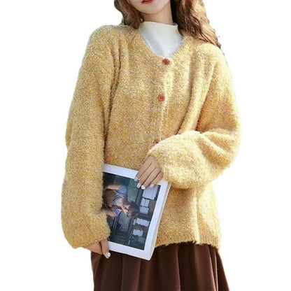 Damen Strickcardigan Kuschelig Dekorative Knöpfe Beige