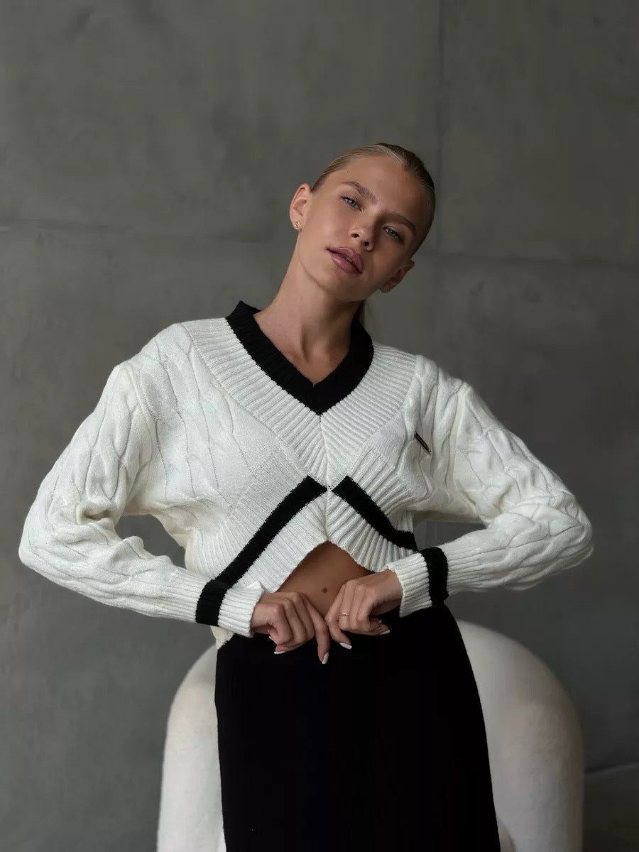 Damen Strickpullover V-Ausschnitt Kontrastdetails Norvielle