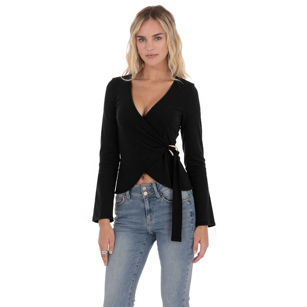 Damen Wickeloberteil Langarm Rüschen Elegant Schwarz - Norvielle