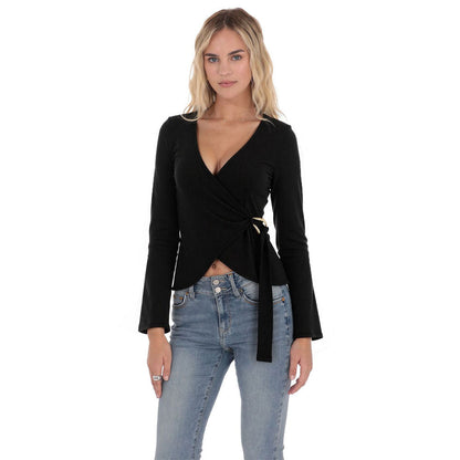 Damen Wickeloberteil Langarm Rüschen Elegant Schwarz - Norvielle