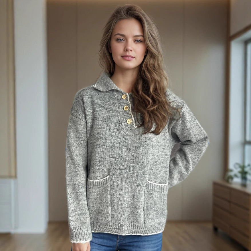 Damen Strickpullover Lässig Knopfleiste Taschen Beige
