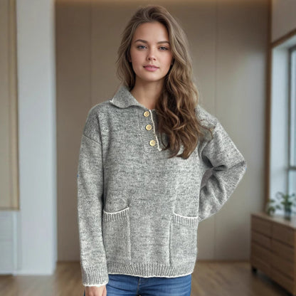 Damen Strickpullover Lässig Knopfleiste Taschen Beige