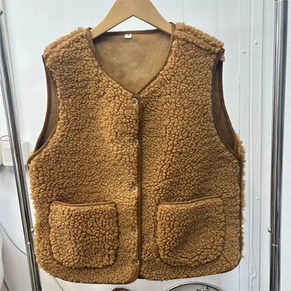 Damen Teddyweste Relaxed Fit V-Ausschnitt Braun - Norvielle