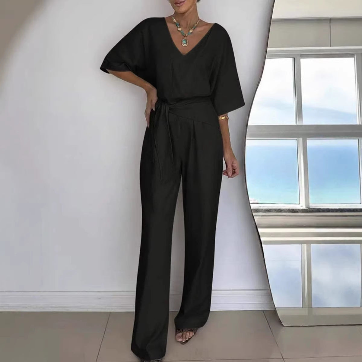 Damen Jumpsuit Tailliert Wickelgürtel Elegant