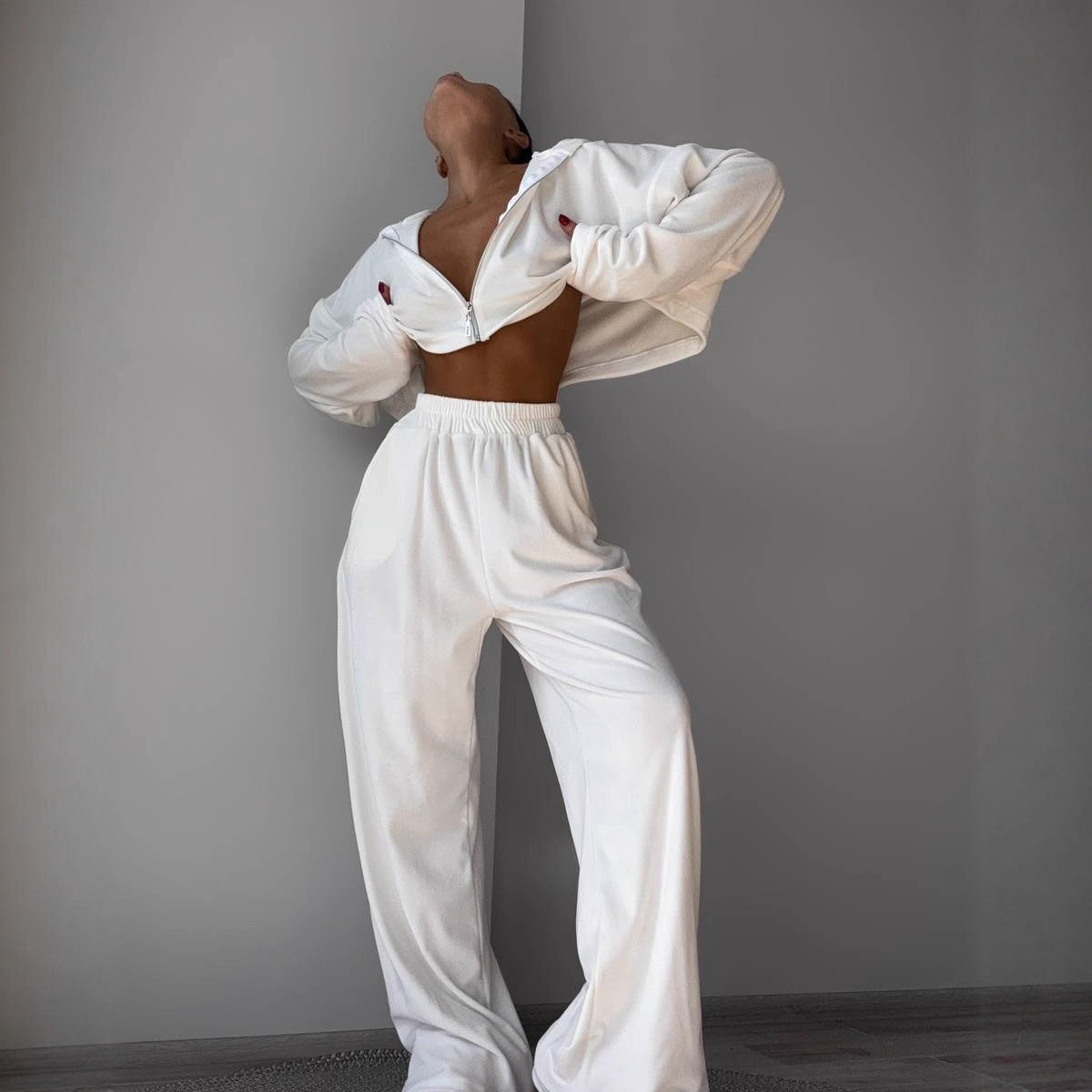 Damen Velours Set Cropped Oberteil Weite Hose Norvielle