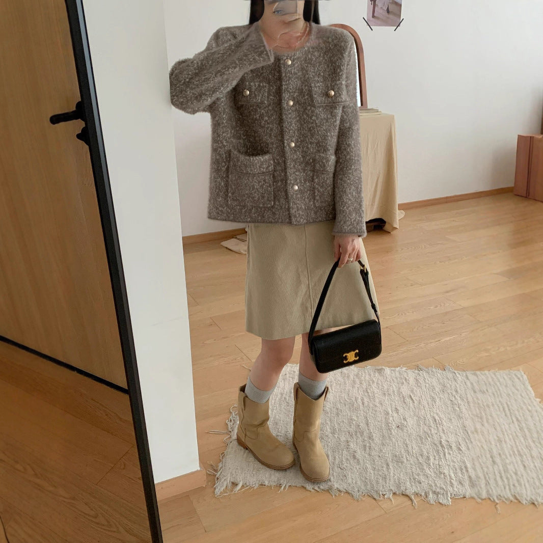 Damen Strickjacke Kuschelig mit Knöpfen und Taschen Beige