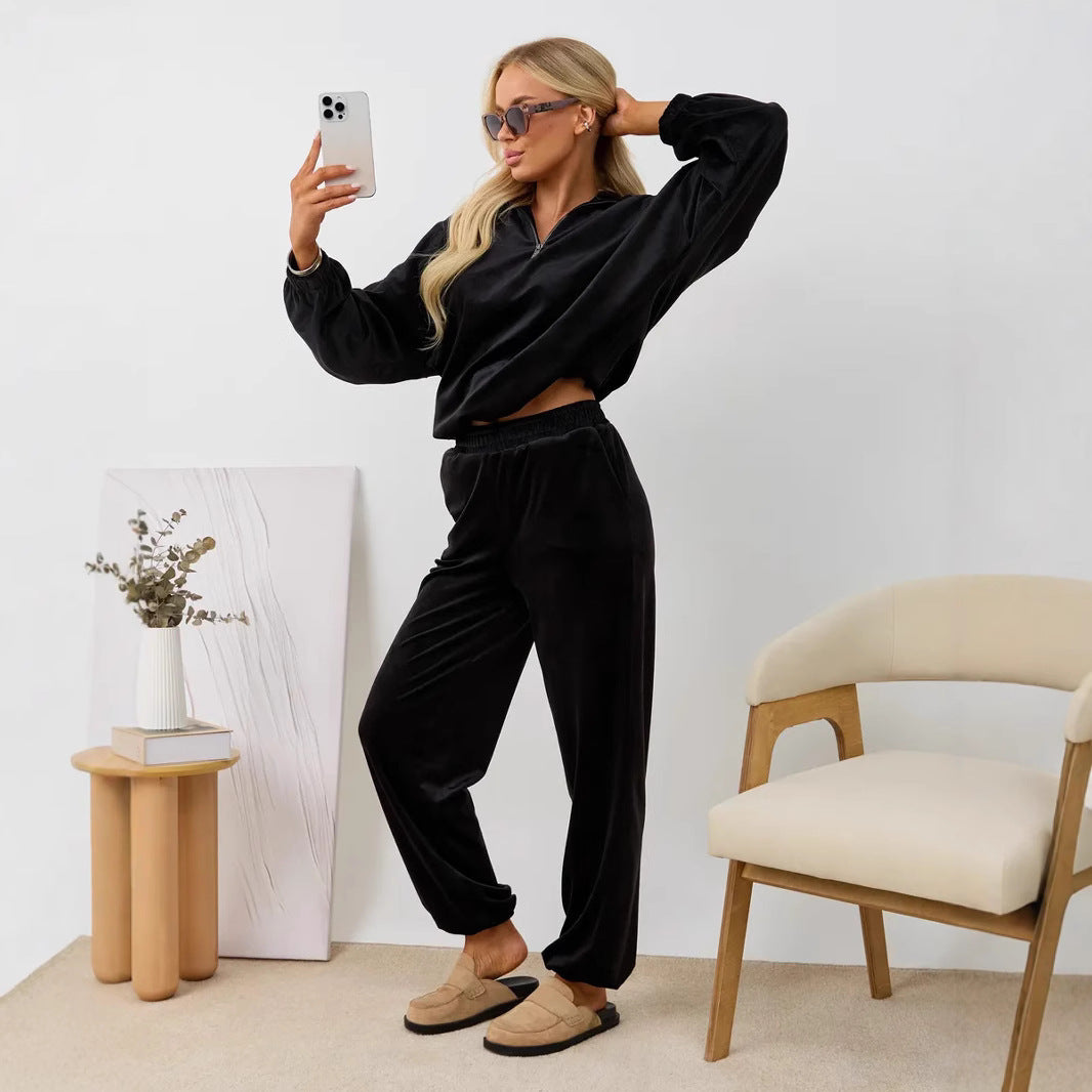 Damen Velours Jogginganzug Hochgeschlossener Kragen Elastisch