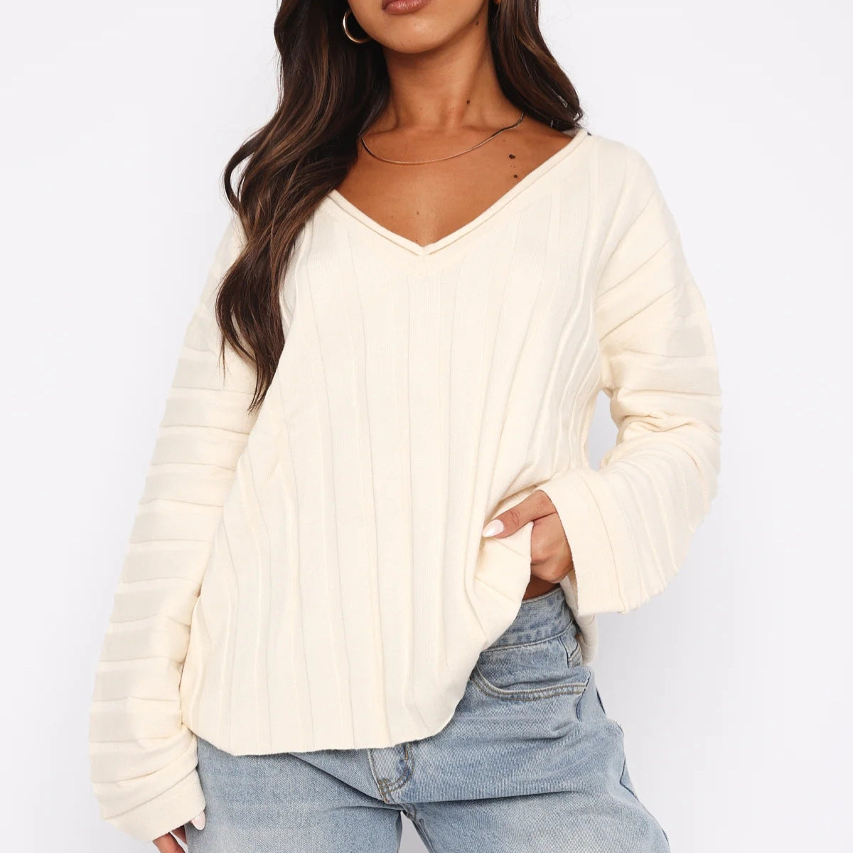 Damen Strickpullover V-Ausschnitt Rippenstruktur Norvielle