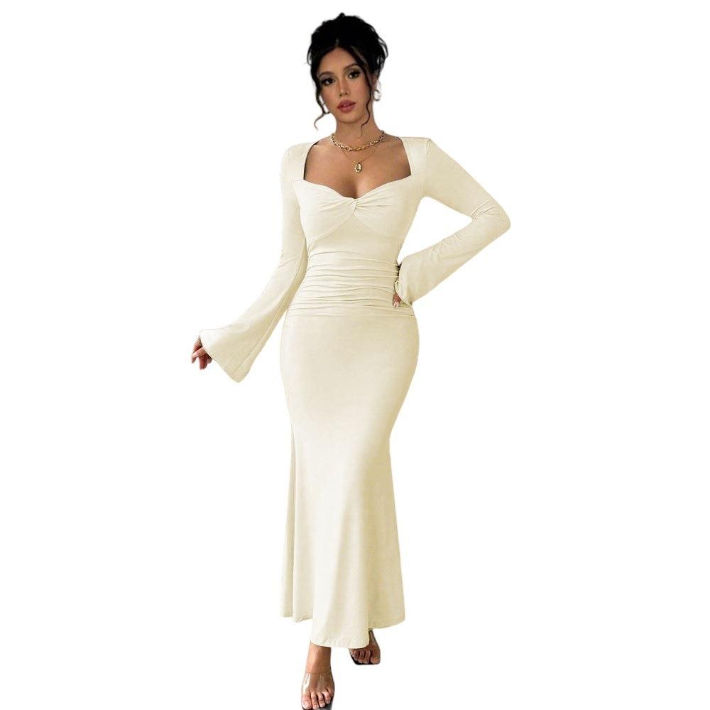 Damen Maxikleid Langärmlig V-Ausschnitt Raffung
