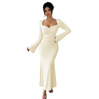 Damen Maxikleid Langärmlig V-Ausschnitt Raffung