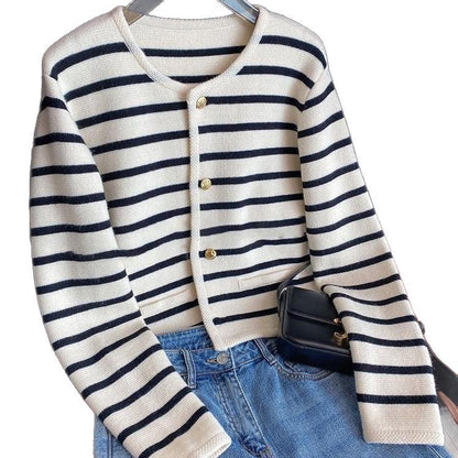 Damen Strickjacke Strukturiertes Streifenmuster Elegante Knöpfe
