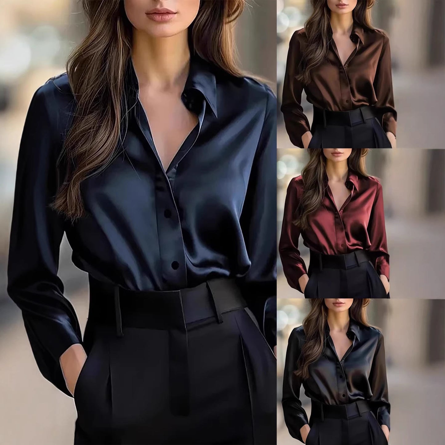 Damen Satinbluse Klassischer Schnitt Dezent Glanz - Norvielle