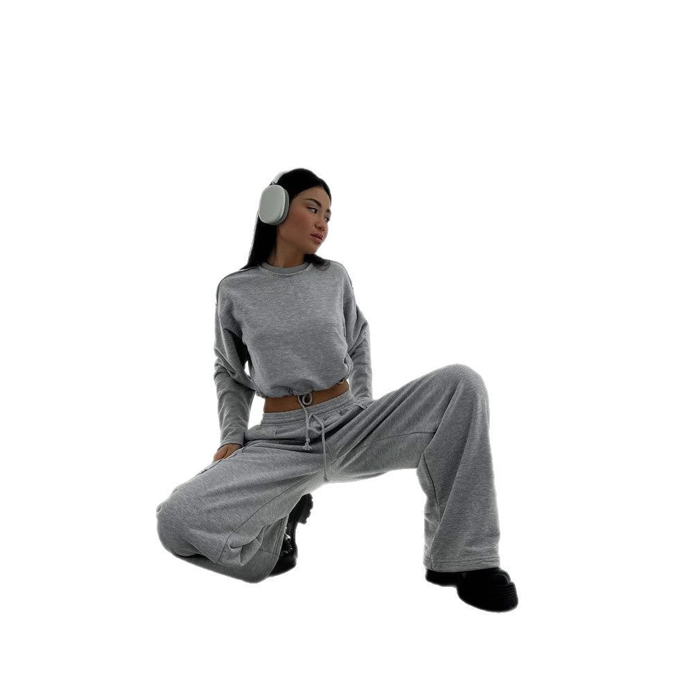 Damen Cropped Sweatshirt mit Kordelzug und weiten Ärmeln Grau